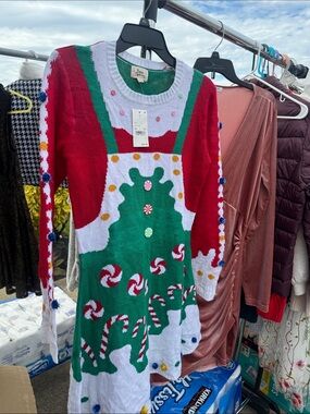 Festive Candy Cane Christmas Sweater Dress - Red Green White
